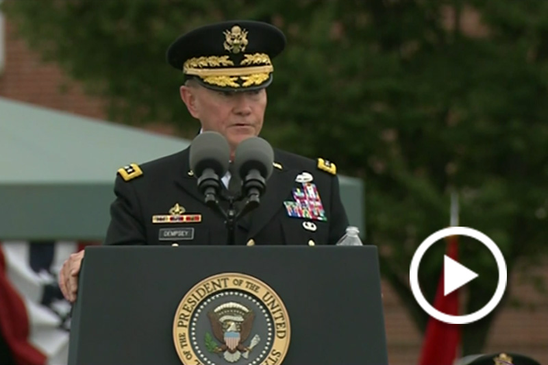 Screen grab of Chairman of the Joint Chiefs of Staff Martin Dempsey speaking at a podium.