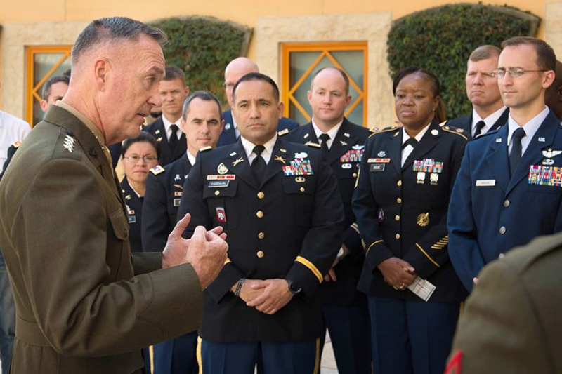 U.S. Marine Corps Gen. Joseph F. Dunford Jr., chairman of the Joint Chiefs of Staff, meeting with U.S. service members assigned to the U.S. Embassy in Amman, Jordan.