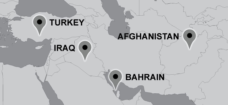 Map of Carter travel locations: Turkey, Bahrain, Iraq, Afghanistan.