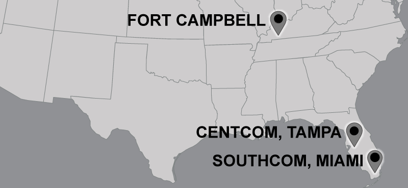 Partial map of U.S. with location pins placed in the following locations: Southcom, Miami; Centcom, Tampa; Fort Campbell, KY.