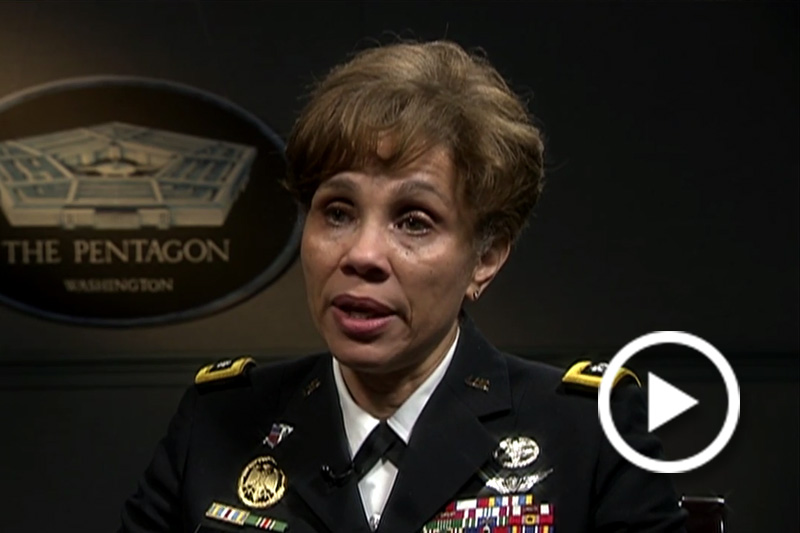 Screen grab of Lt. Gen Nadja West, Army Surgeon General, giving an interview.