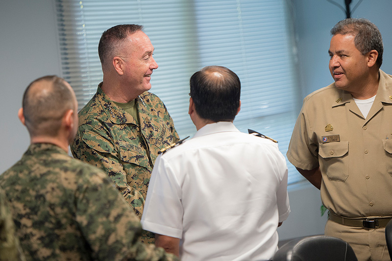 Marine Corps Gen. Joseph F. Dunford Jr., chairman of the Joint Chiefs of Staff, meeting liaison officers from countries participating in the Joint Interagency Task Force South.