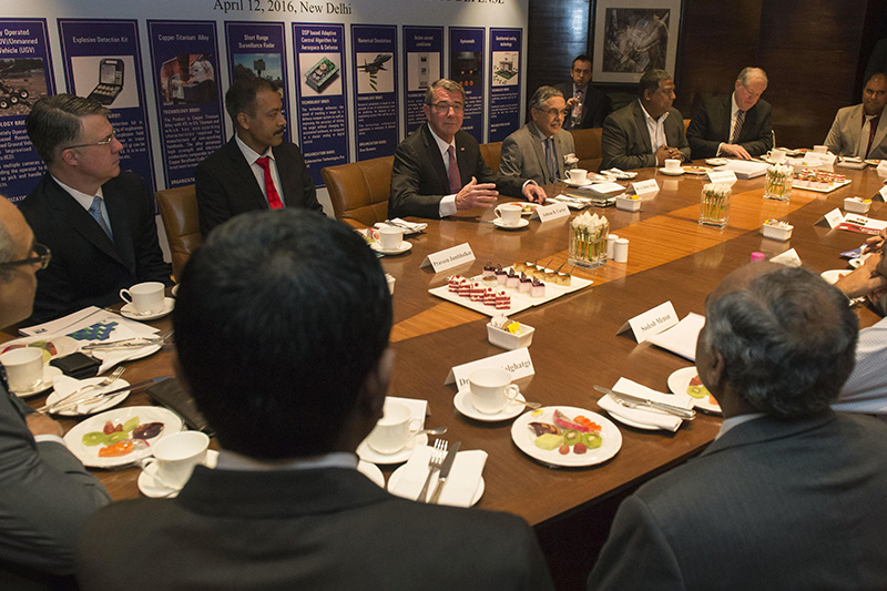 Defense Secretary Ash Carter, left center, meeting with leaders in New Delhi.