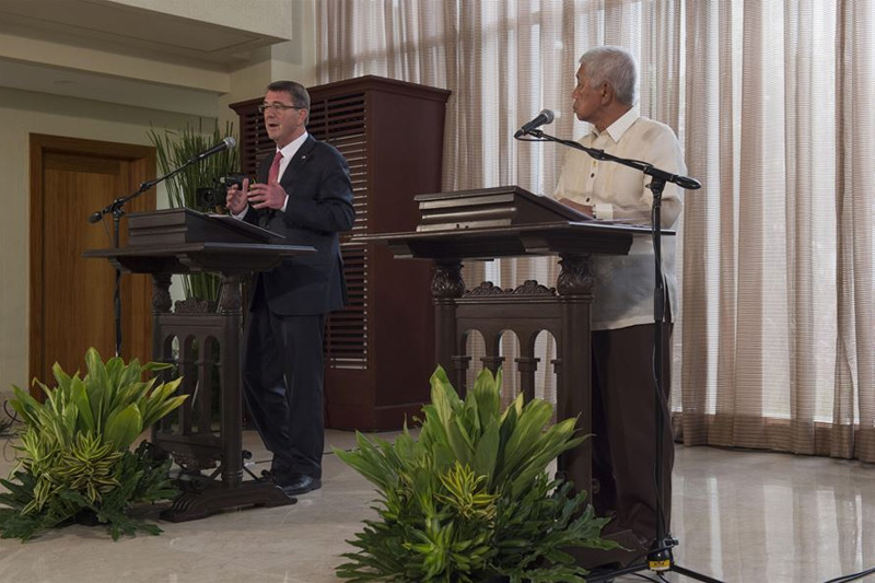 Defense Secretary Ash Carter delivering remarks during a joint press conference with Philippine Defense Secretary Voltaire Gazmin.