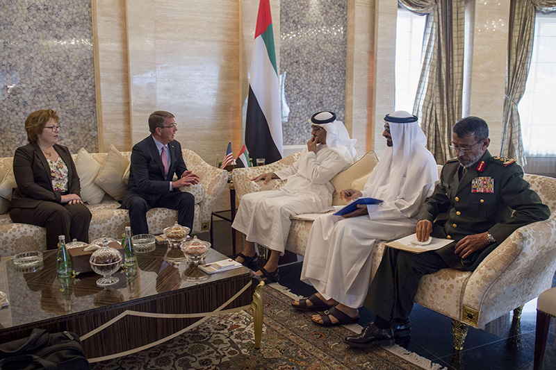 Defense Secretary Ash Carter meeting with Crown Prince and deputy supreme commander of the United Arab Emirates Armed Forces Mohammed bin Zayed.
