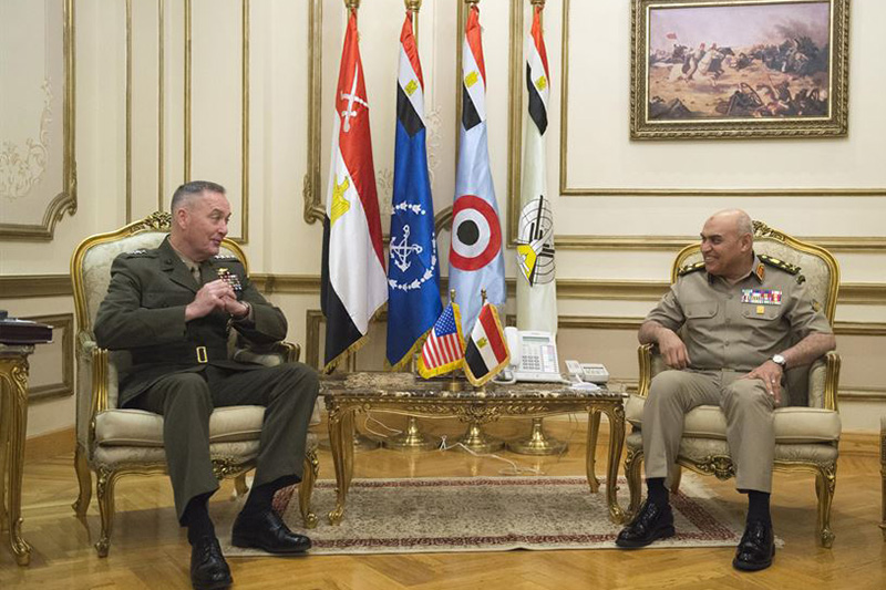 Marine Corps Gen. Joe Dunford, chairman of the Joint Chiefs of Staff, talks with Egyptian Defense Minister Col. Gen. Sedki Sobh