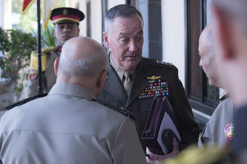 Marine Gen. Joseph F. Dunford Jr., chairman of the Joint Chiefs of Staff, speaks with Egyptian Defense Minister Col. Gen. Sedki Sobhy and Chief of the Armed Forces Lt. Gen. Mahmoud Hegaz