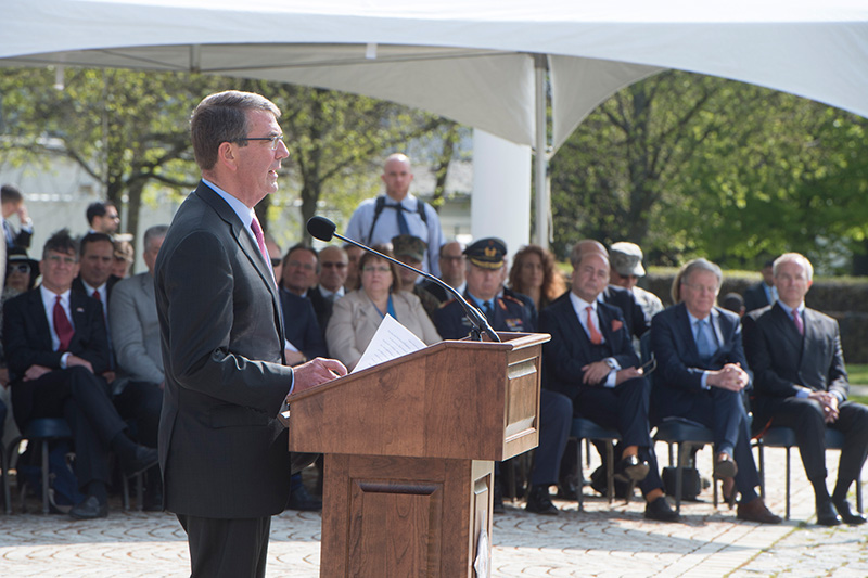 Defense Secretary Ash Carter addressing the audience during the U.S. European Command change-of-command ceremony.