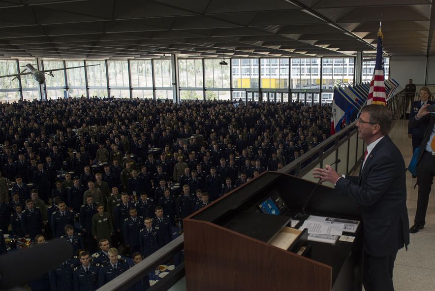 Defense Secretary Ash Carter greets U.S. Air Force Academy cadets from the staff tower 