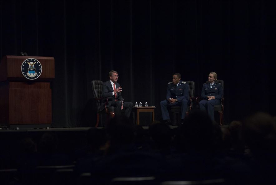 Defense Secretary Ash Carter answers questions posed by U.S. Air Force Academy cadets