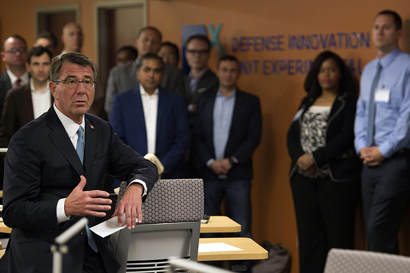 Defense Secretary Ash Carter speaking with Defense Innovation Unit Experimental employees.