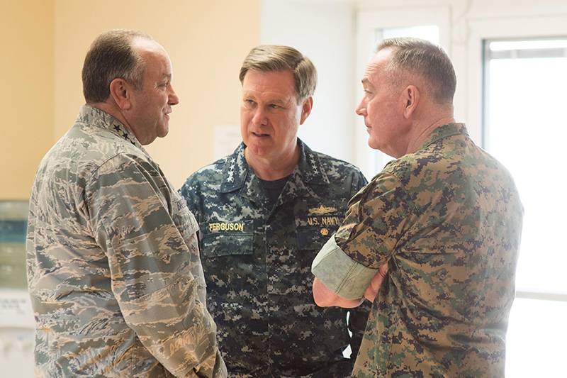 Marine Corps Gen. Joe Dunford, right, chairman of the Joint Chiefs of Staff; Navy Adm. Mark Ferguson, center, commander of Allied Joint Force Command; and Air Force Gen. Phillip M. Breedlove, outgoing commander of U.S. European Command.