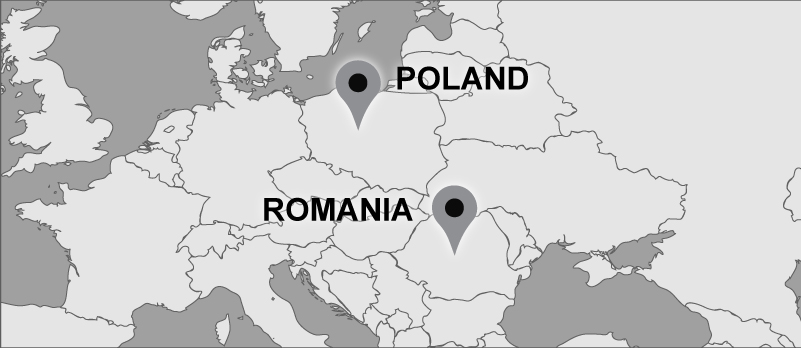 Travel map with pins marking Romania and Poland