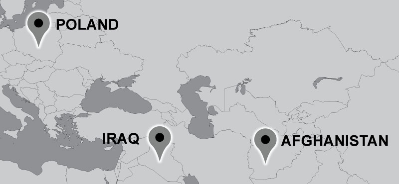 Map of Carter travel locations: Poland, Iraq, Afghanistan.