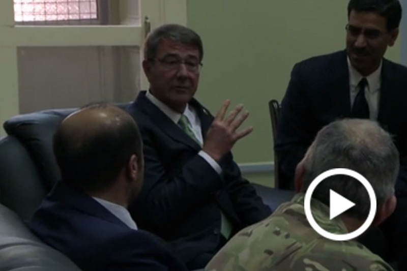 Screen grab of Defense Secretary Ash Carter speaking with foreign leaders.