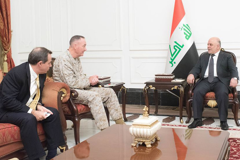 Marine Corps Gen. Joe Dunford, chairman of the Joint Chiefs of Staff, meets with Iraqi Prime Minister Haider al-Abadi in Baghdad.