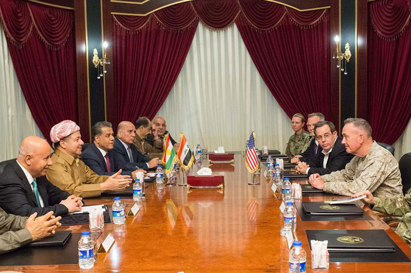 Marine Corps Gen. Joe Dunford, chairman of the Joint Chiefs of Staff, meets with Massoud Barzani, president of Iraq’s Kurdistan region.