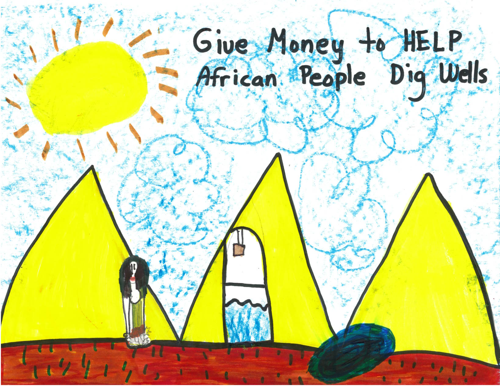 A children's drawing of a lady by the pyramids of Africa standing next to a well.