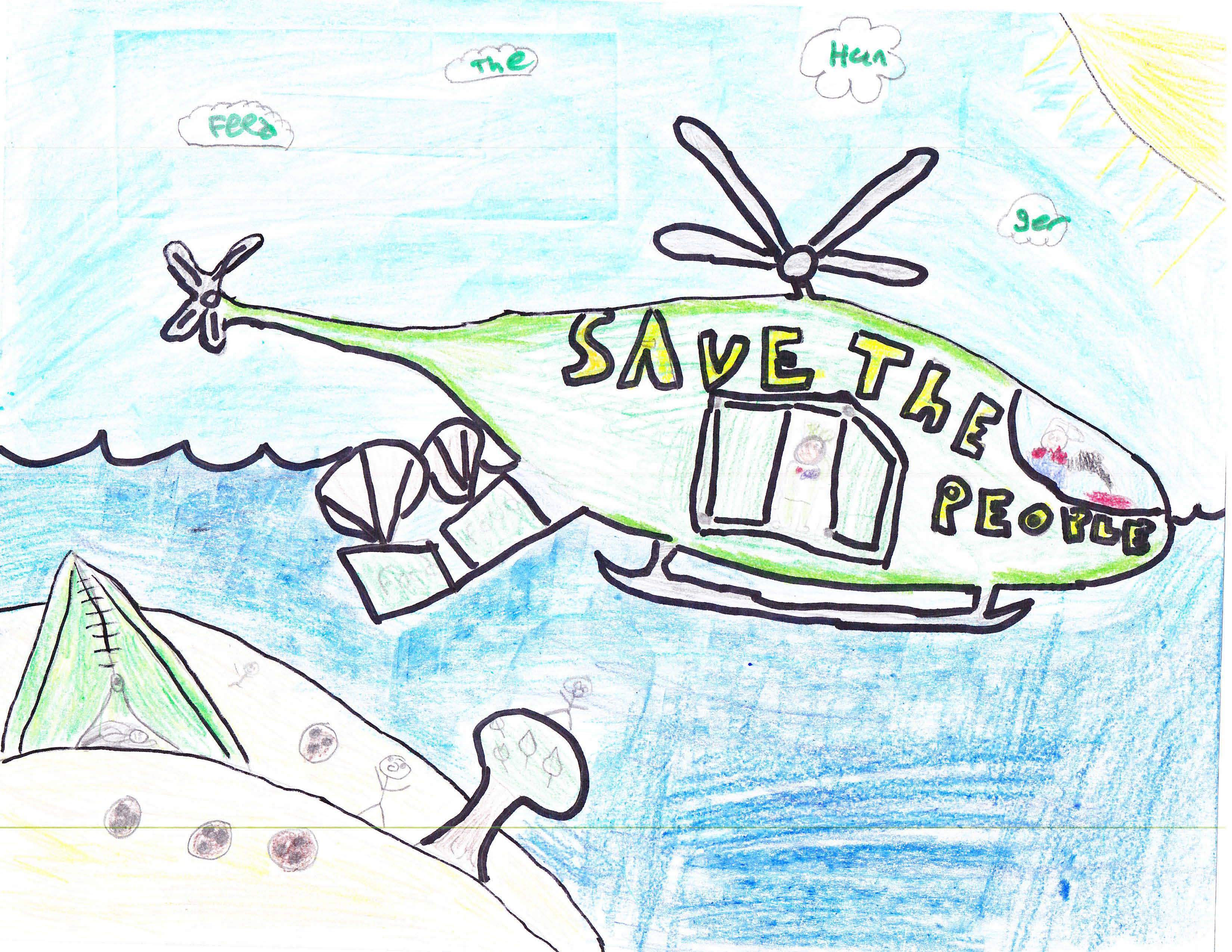 A children's drawing of a helicopter dropping food and supplies to the people below.
