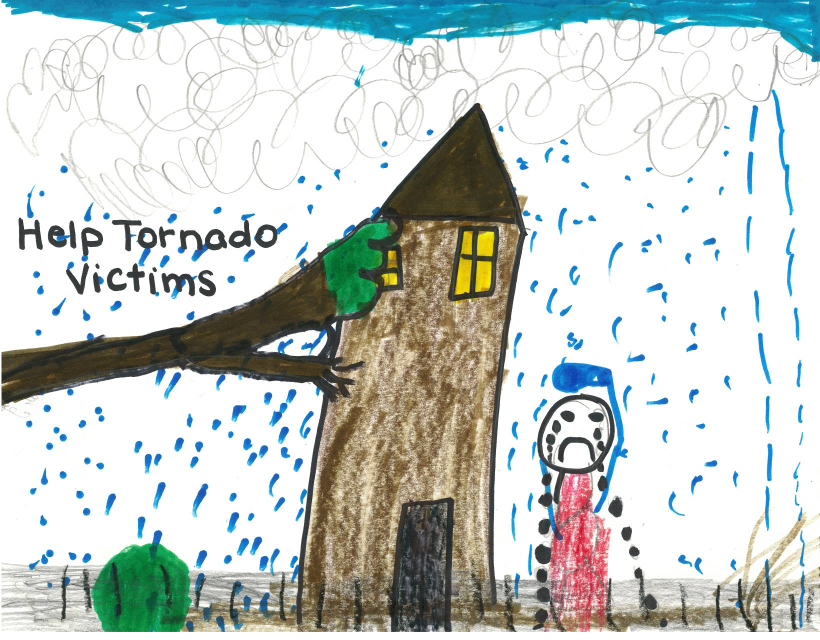 Children's drawing of a tornado with rain and a house with a tree that has fallen on it. A man is crying.