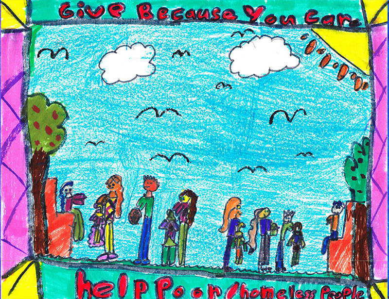 Children's drawing of people at a park lining up to give donations to homeless people.