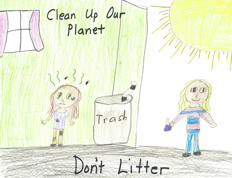 A children's drawing of two girls in the sunshine by a house. One is clean and happy and throwing away litter, the other is sad and dirty.