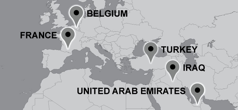 Map of Carter travel locations: Turkey, Iraq, United Arab Emirates, France, Belgium.