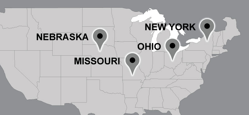 Map of Carter travel locations: New York, Missouri, Nebraska, Ohio.