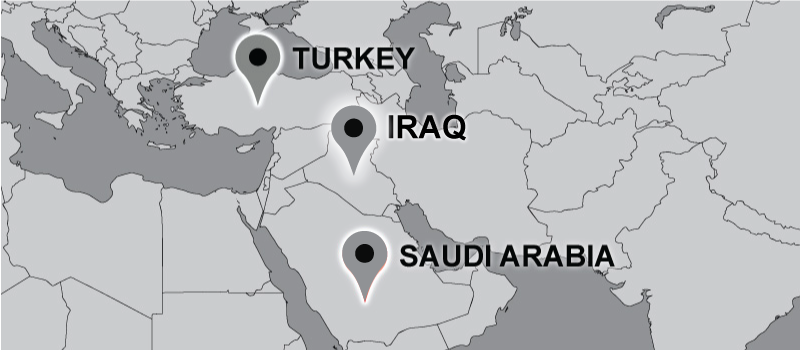 Travel map with pins on Turkey, Saudi Arabia, and Iraq