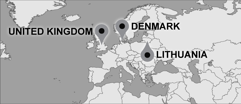 Travel map with pins marking Denmark, Lithuania, and the UK