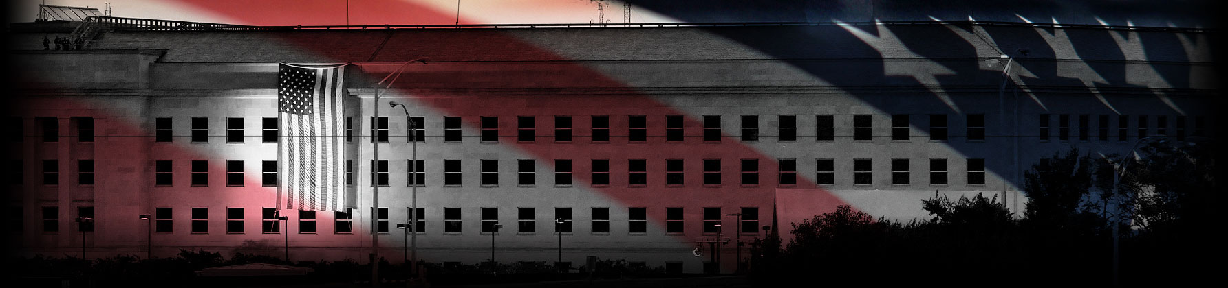 a photograph of the Pentagon, overlaid with the American flag