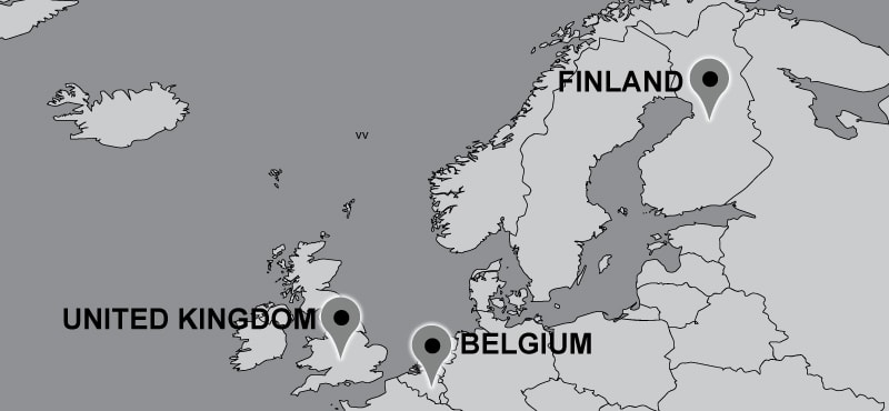 Map of Carter travel locations: Finland, Belgium, United Kingdom.
