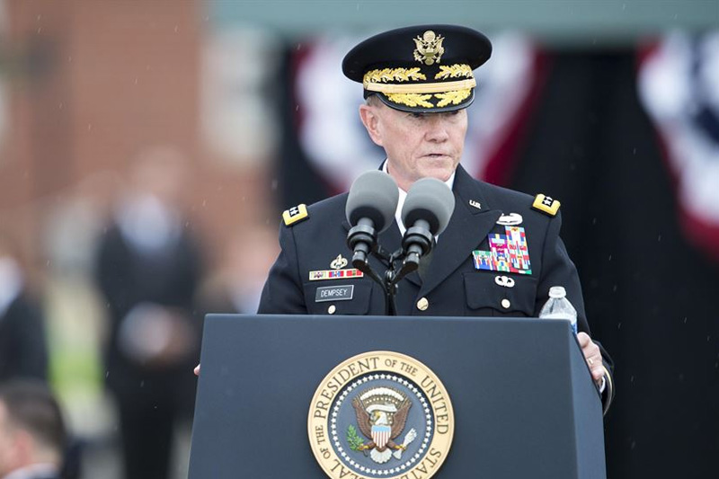 Eighteenth Chairman of the Joint Chiefs of Staff U.S. Army Gen. Martin E. Dempsey delivers remarks at his retirement and change of responsibility ceremony.