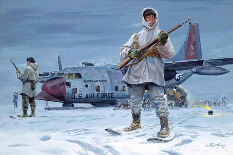 A painting shows members of the Scout Battalions of the 297th Infantry Regiment, Alaska National Guard.