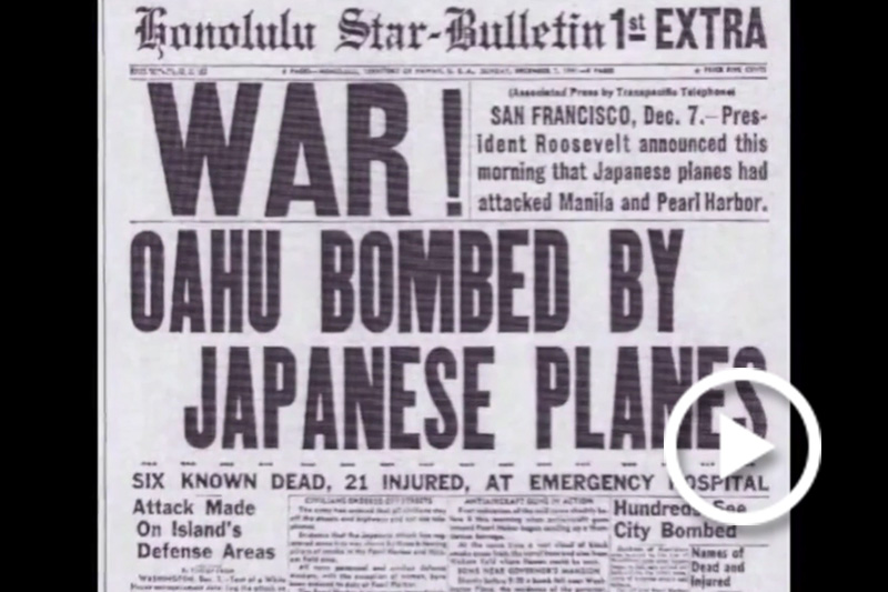Screengrab of historic newspaper, headline: War! Oahu Bombed by Japanese Planes