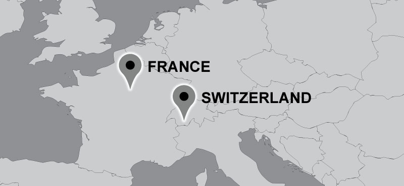 Map of Carter travel locations: France, Switzerland.