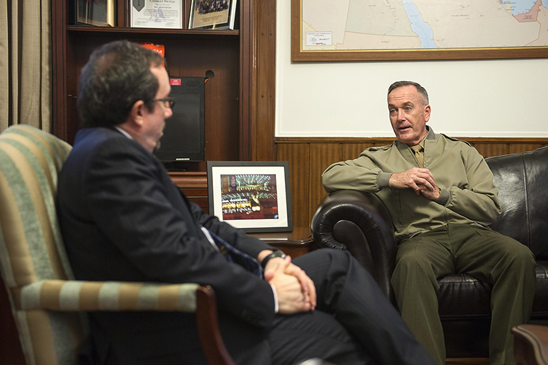 Photo of U.S. Marine Corps Gen. Joseph F. Dunford Jr., chairman of the Joint Chiefs of Staff, meeting with U.S. Ambassador to Turkey John R. Bass at the U.S. Embassy in Ankara, Turkey.