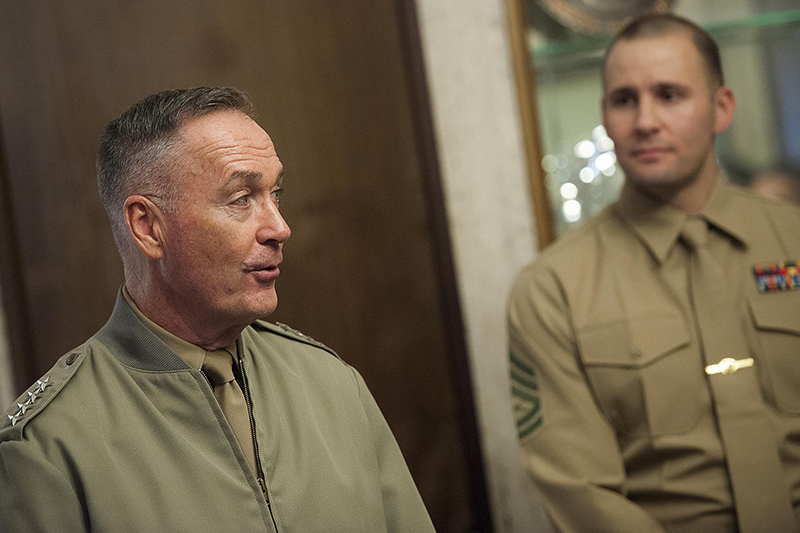 Photo of U.S. Marine Corps Gen. Joseph F. Dunford Jr., chairman of the Joint Chiefs of Staff, meeting with Marine Corps security guards assigned to the U.S. Embassy in Ankara, Turkey.
