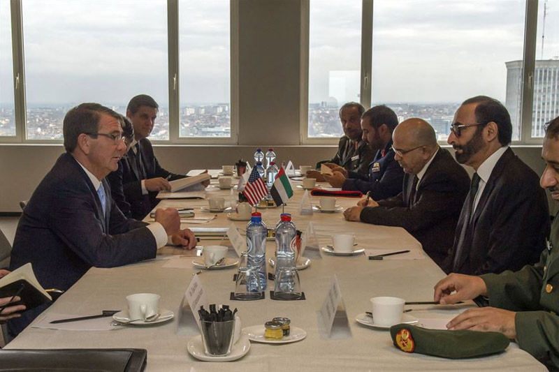 Photo of Defense Secretary Ash Carter, left foreground, meeting with United Arab Emirates Minister of State for Defense Affairs Mohammed Al Bowardi.