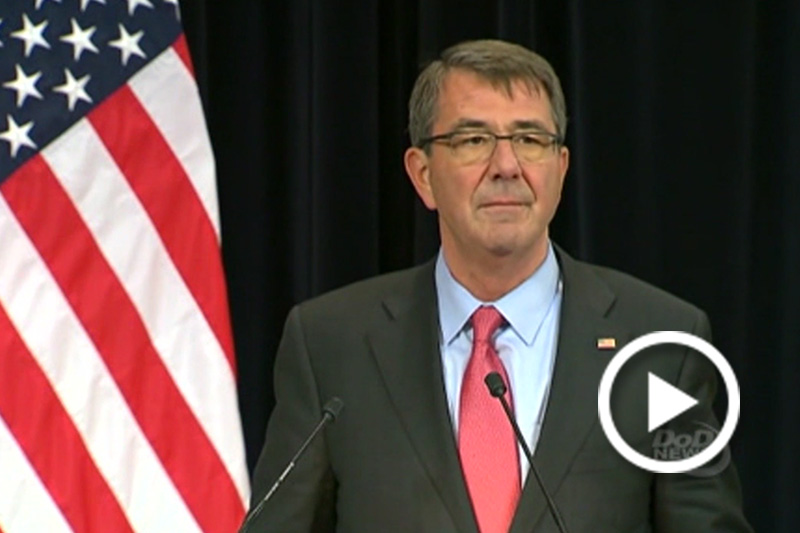 Screen grab Defense Secretary Ash Carter speaking at a NATO news conerence.