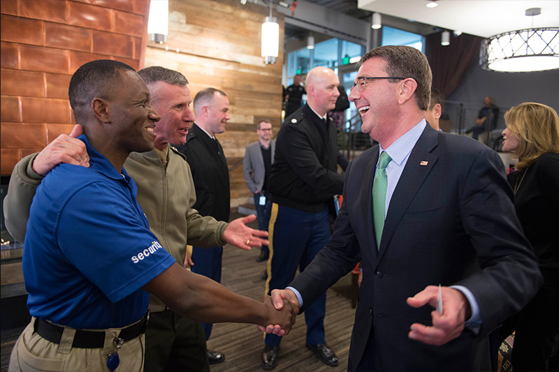Defense Secretary Ash Carter meets a former Marine currently working for Amazon.com