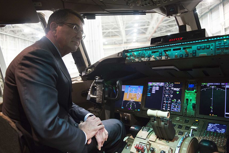 Defense Secretary Ash Carter tours a Boeing KC-46
