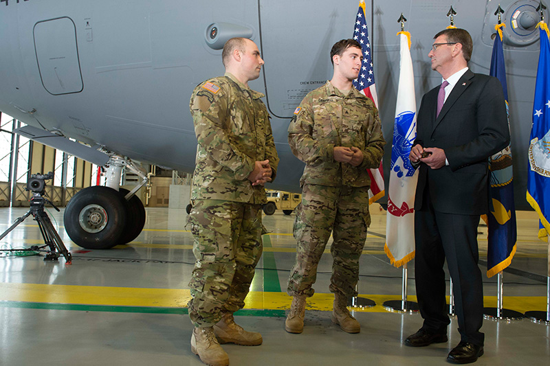 Defense Secretary Ash Carter meeting with Army Sgt. First Class Hastings, left, and Army Sgt. Campbell, both wounded in Afghanistan.