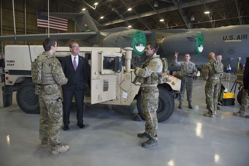 Defense Secretary Ash Carter speaking with troops assigned to the 62nd Airlift Wing.