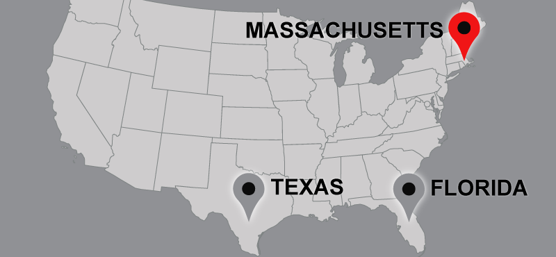 Map of U.S. with pins marking Florida, Massachusetts, and Texas