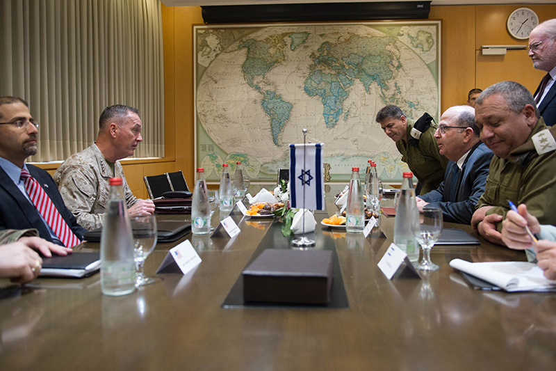 Marine Corps Gen. Joseph F. Dunford Jr., second from left, chairman of the Joint Chiefs of Staff, and U.S. Ambassador to Israel Daniel B. Shapiro, left, meeting with Israeli Defense Minister Moshe Yaalon at the Ministry of Defense.