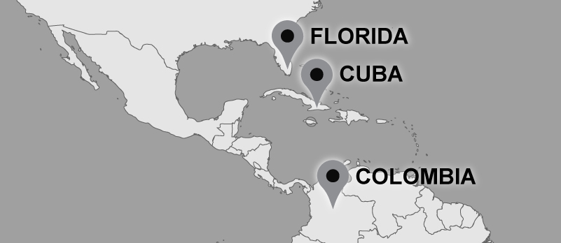 Travel map with pins on Florida, Cuba, and Colombia