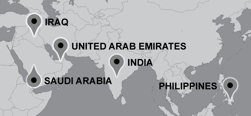 Map of Carter travel locations: India, Philippines, United Arab Emirates, Saudi Arabia and Iraq.