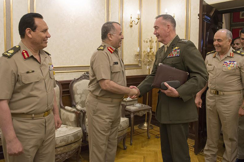 Marine Corps Gen. Joe Dunford, chairman of the Joint Chiefs of Staff, greets Egyptian Chief of the Armed Forces Lt. Gen. Mahmoud Hegaz 
