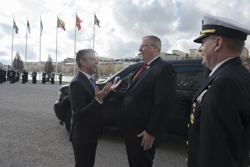 Deputy Defense Secretary Bob Work sharing a light moment with Swedish State Secretary Jan Salestrand.